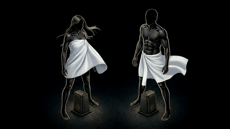 Two figures using the Updraft dryer, towels lifting from the upward airflow